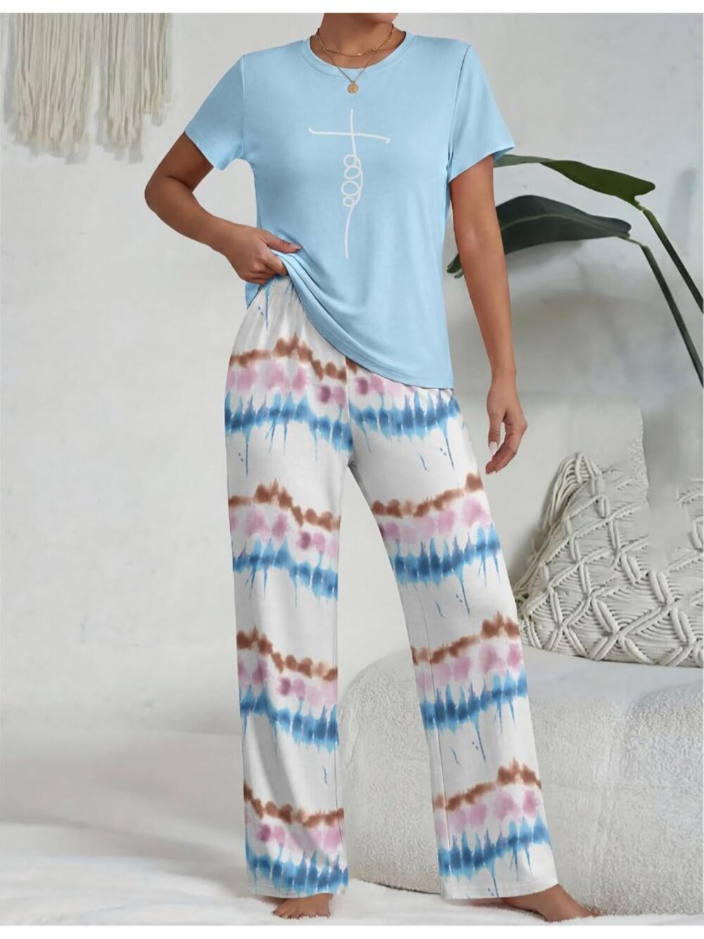 Women's Ombre Blue Round Neck Short Sleeve Sleepwear 2 Piece Pajama Set - Picture 3 of 5